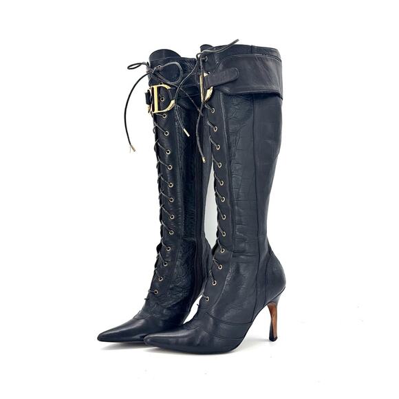 Dior Shoes - Vintage Christian Dior Fall 2000 CD Croc Emboss Pointed Toe Knee High Boots 37.5